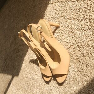 Tan patent peeptoe slingback heels